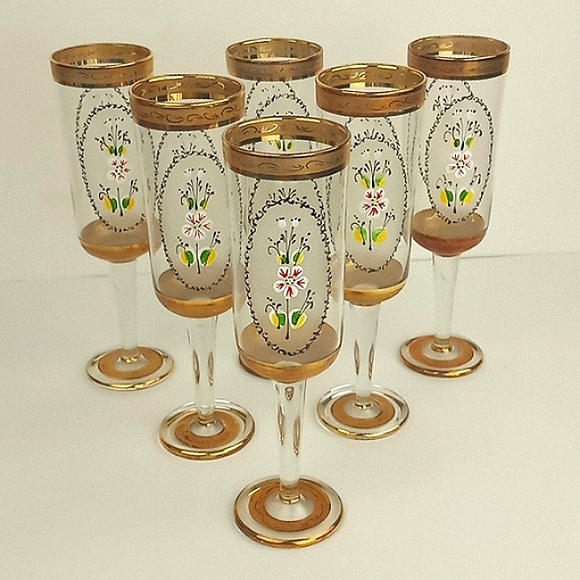 Vintage Other - Vintage bohemian hand painted enamel floral champagne flutes set of 6